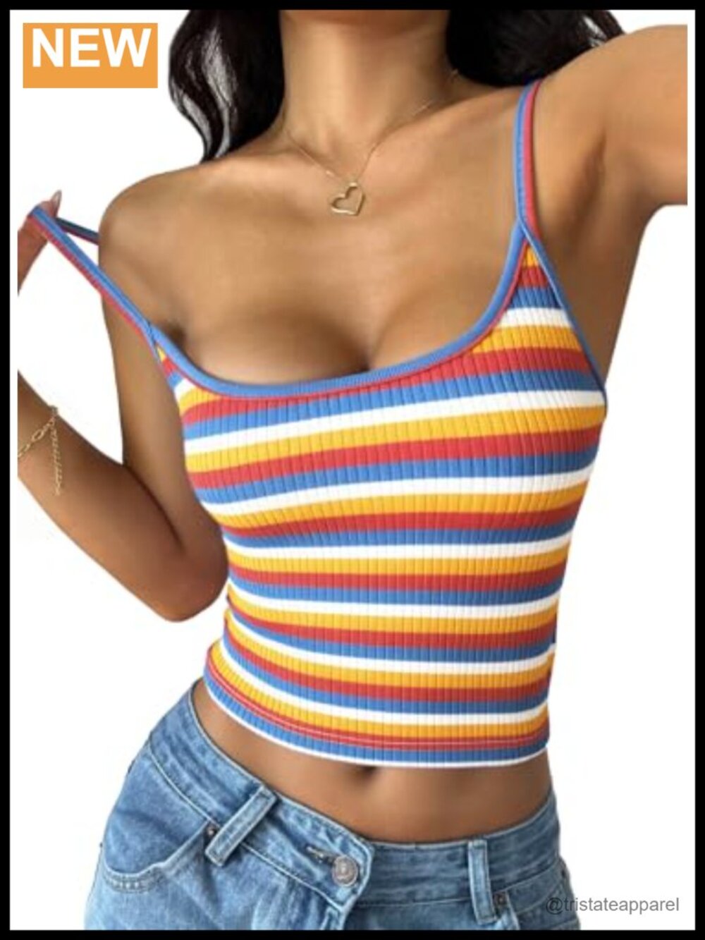 Ribbed Striped Crop Cami Tank Top Adjustable Spaghetti Strap Y2K